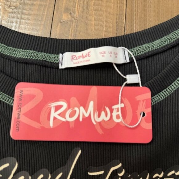 Romwe Crop Tank Top Black Ribbed Good Times Skeleton Camping w/ Dog Size M - Picture 4 of 4